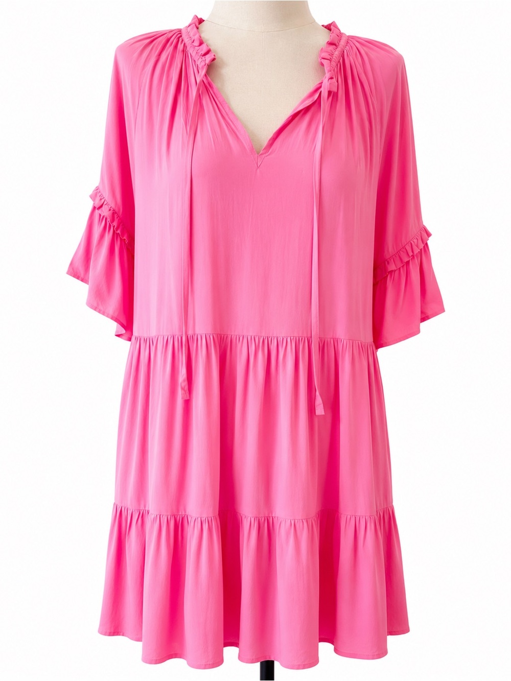 NEW W TAG Petal & Pup Pink Tiered Babydoll Mini Dress M Boho Ruffle Tassel Rayon - Picture 2 of 8